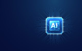 Navy background with glowing light-blue AI computer chip in the foreground.