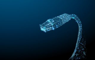 Glowing, connected lights forming a computer cable