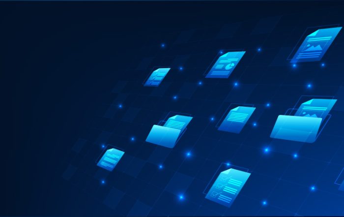 Glowing, light-blue folder and file icons floating to the cloud.