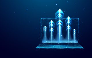 Black background with glowing computer screen illustration. Arrow-like triangles shooting up off the screen.