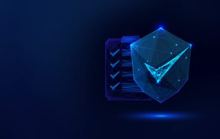 Dark navy background with a translucent, glowing blue list in the background and a shield with a checkmark in the foreground.